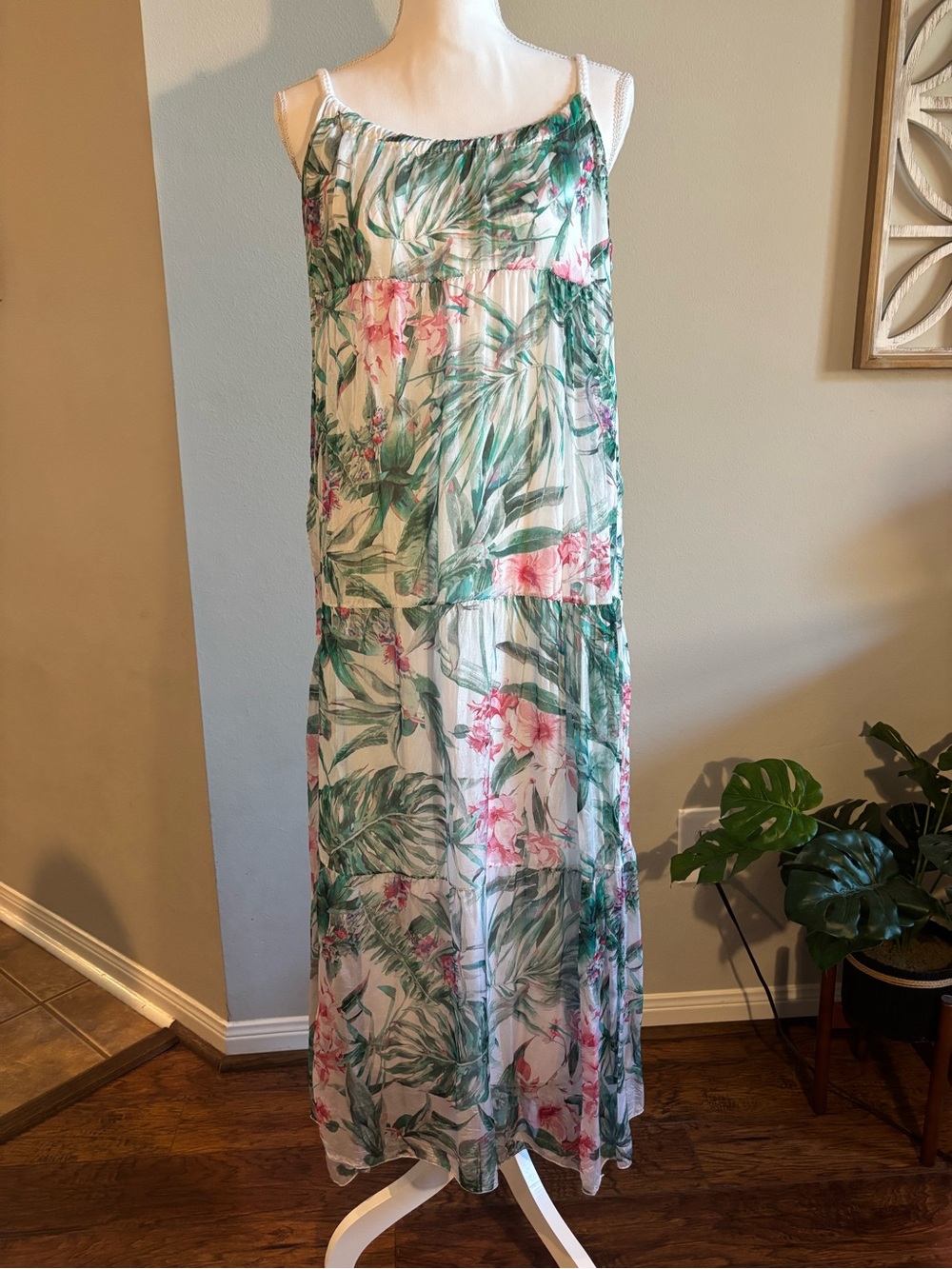 Tropical Floral Maxi Dress in White and Green